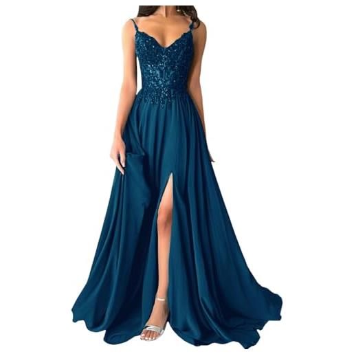 shownicer abito cerimonia donna vestito lunghi eleganti matrimonio abito da sera in chiffon vita alta scollo a v abiti in pizzo vestiti con spacco a blu3 40