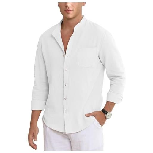 NANAMEEI camicia in cotone da uomo, per il tempo libero, da uomo, con collo alto, vestibilità normale, estiva, bianco, m