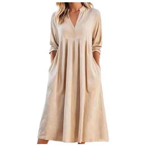 Generic maxi abito estivo da donna in lino tinta unita con maniche a tre quarti e pieghe in misto cotone, abiti di media lunghezza per donne abiti da donna abiti uk party skater cocktail uscire notte signore