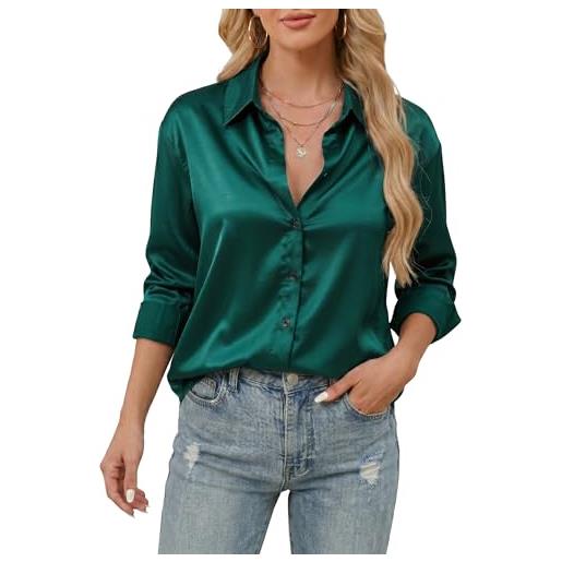 Stamain camicia elegante blusa donna button down di raso bottoni camicetta maniche lunghe con scollo a v top aderente in tinta unita