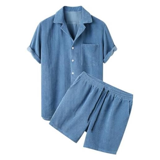 nicticsi tuta in velluto a coste da uomo estiva sportiva completo camicia con risvolto e pantaloni corti 2 pezzi traspirante comodo manica corta sets casual sweatsuit unisex b blu l