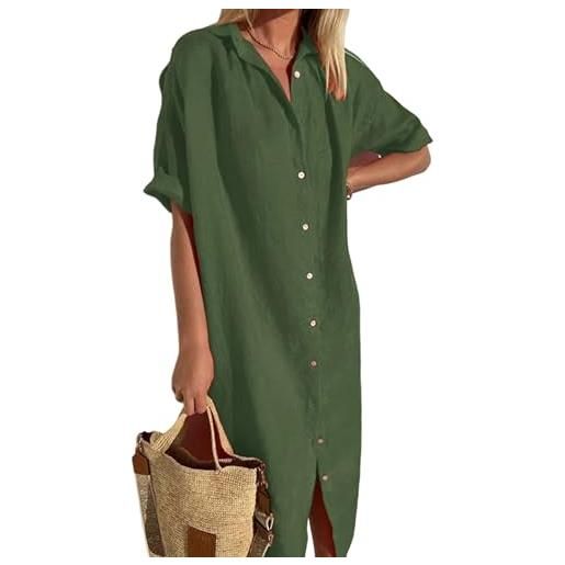 ZICUE donne abiti lunghi estivi casual in cotone e lino con colletto maniche corte per le vacanze al mare gl verde xl