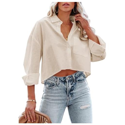 Imily Bela camicia estiva da donna, senza maniche, 100% cotone, scollo a v, elegante, con bottoni, top