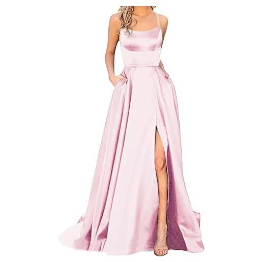Generico vestito lungo donna elegante abiti da donna lungo senza maniche schiena scoperta in raso tinta unita abito spaghetti straps linea a vita alta con tasche spacco frontale sexy vestito da festa (s)