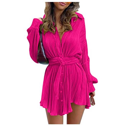 Onsoyours vestiti casual da donna estivi autunno elegante a pieghe abito a maniche lunghe vestito scollo v abiti corto con volant e vita alta con cintura a fucsia xxl