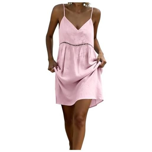 Generic vestito donna estivo corto in cotone lino, scollo a v con spalline sottili, tinta unita, abito casual prendisole leggero per mare vacanza spiaggia
