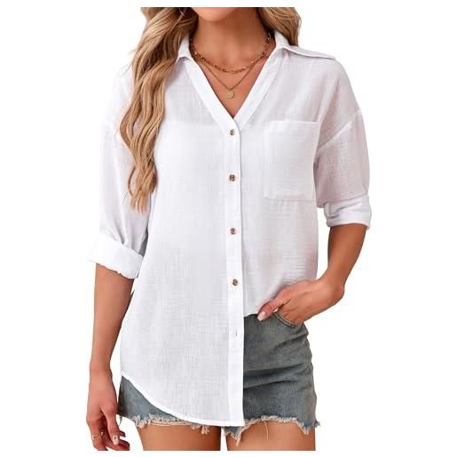 Enmain camicia donna in lino e cotone scollo a v camicie donna manica lunga bluse elegante estiva primaverile taglio regolare per ufficio tempo libero viaggi disponibile in diverse taglie s-3xl