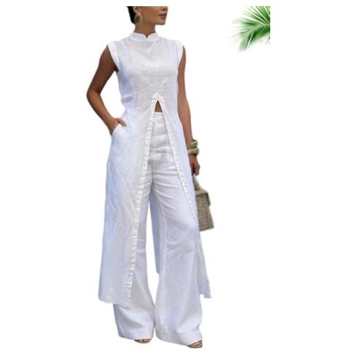 Generic set di abito coordinato in lino da donna, elegante, per resort, con scollatura a v, fessura frontale, maniche corte, top midi e pantaloni larghi con elastico in vita, outfit estivo in lino, bianco, l