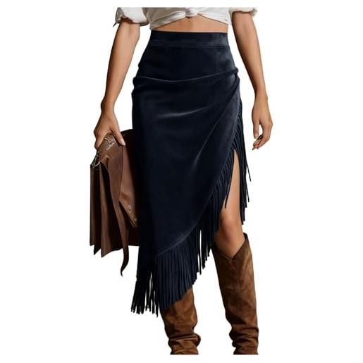 Lovraj gonna in pelle scamosciata da donna con frange, a vita alta, gonna midi asimmetrica, orlo in pelle scamosciata, per il tempo libero, stile occidentale, gonna da cowgirl