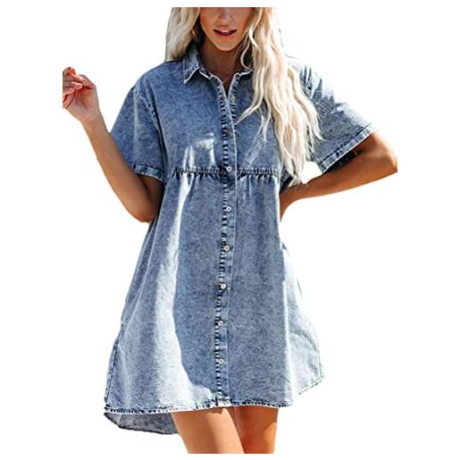 ORANDESIGNE abito da donna a maniche lunghe con bottoni con tasche abito a tunica elegante mini abito in denim con scollo a v ragazza vestita b blu l