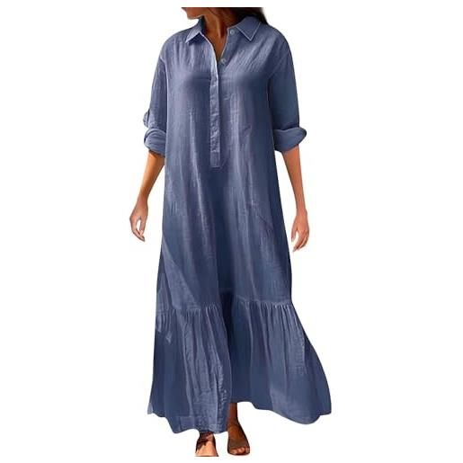 Generic vestiti eleganti donna casual abito elegante women cotton linen up maxi dress with pocket long sleeve summer casual beach shirt dress abito lungo donna elegante vestiti estivi curvy (blue xxxxxl)