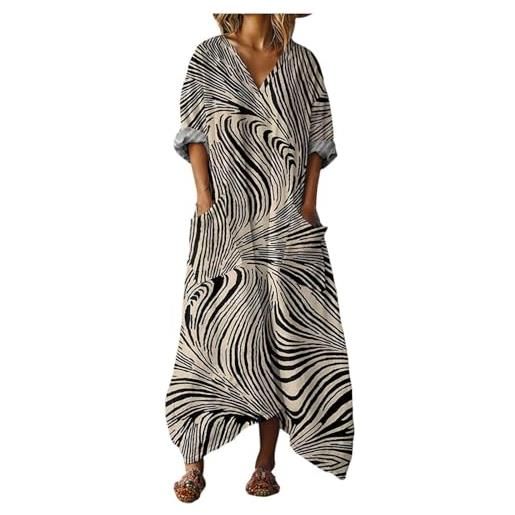 Generico abito lungo donna boho chic in lino scollo a v maniche lunghe, vestito maxi floreale vintage con tasche per mare spiaggia vacanza primavera taglie forti elegante comodo