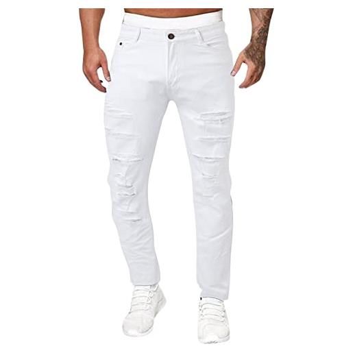 Generisch jeans strappati, da uomo, per il tempo libero, da uomo, lunghi, elasticizzati, comodi, per il tempo libero, con chiusura lampo, y2k, bianco, m