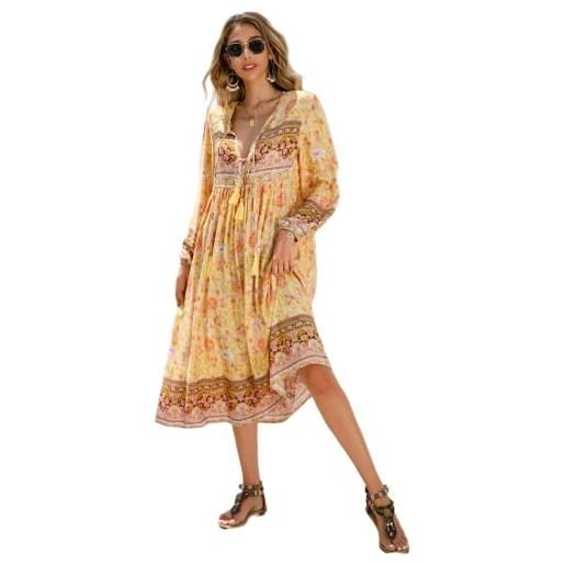 R.Vivimos donne eleganti casual bohemian print neck tie maniche lunghe abito da spiaggia lungo midi vestito vacanze