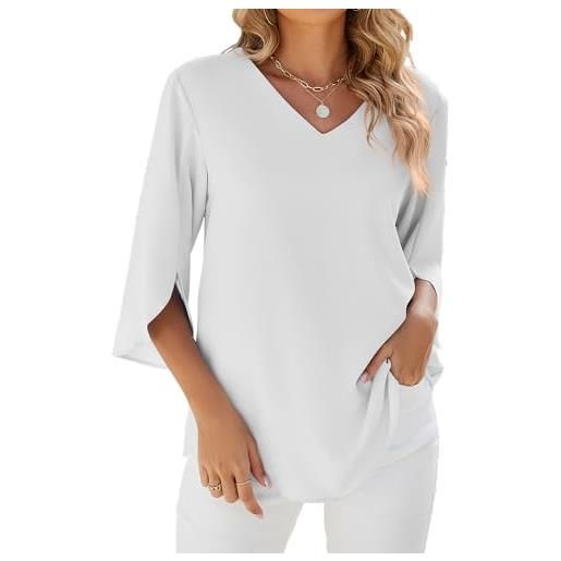 Bipily camicetta da donna elegante top con scollo a v tunica casual chiffon bluse donna a manica a 3/4 camicia a tinta unita (white, l)