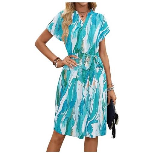 AUSELILY abiti estivi da donna abiti eleganti e comodi a maniche corte abito con scollo a v fino al ginocchio e fiocco in vita con tasche foglia verde increspata l