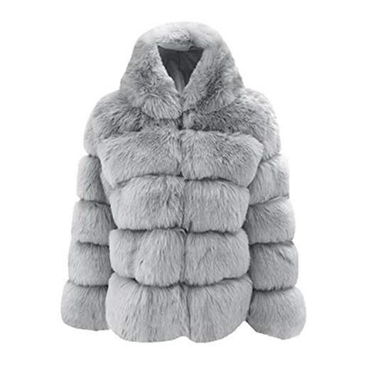YAOTT donna casuale morbido giacca con cappuccio in pelliccia sintetica ecologica di volpe cappotto corto cardigan a manica lunga capispalla caldi e soffici top in pile luce grigio m