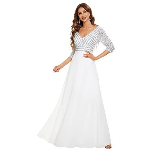 Ever-Pretty vestito da cerimonia elegante manica lunga scollo a v con paillettes linea ad a chiffon donna bianco 48
