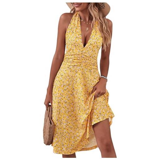 HUXRAKV vestito estivo da donna abito floreale senza maniche con scollo a v con tasca per vacanze casual