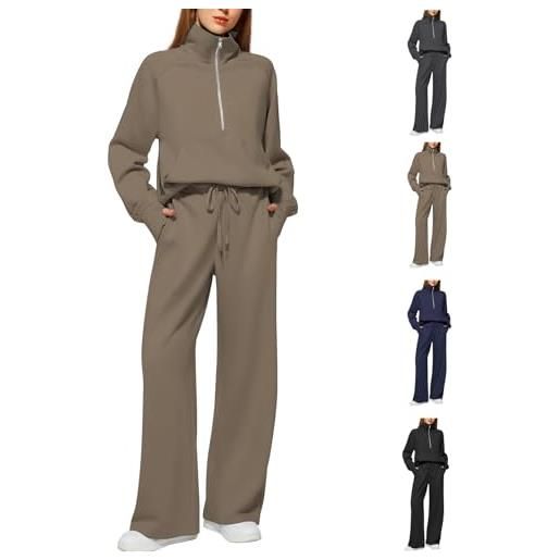 Generic tuta da donna, set completo, comodo, oversize, casual, con risvolto a mezza zip e pantaloni a gamba larga
