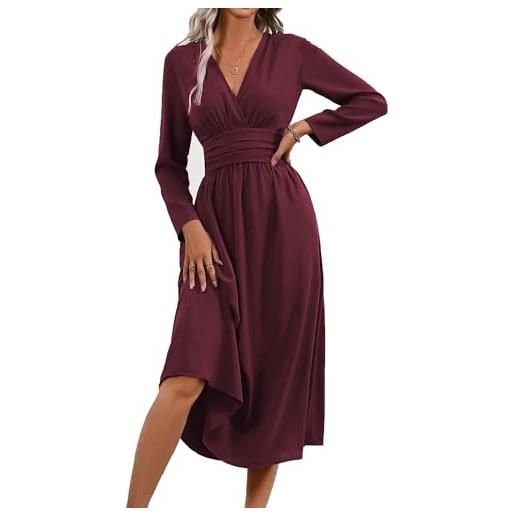 QUNERY abito donna autunno/estivo manica lunghe/corta vestiti vita alta a line abiti scollo a v elegante vestito estivi lunghi casual abito spiaggia b-viola xl