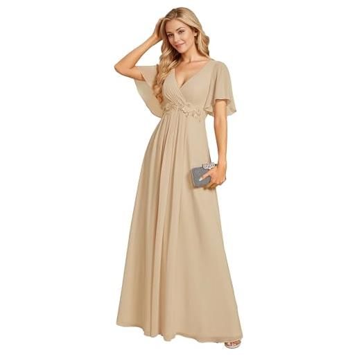 Ever-Pretty vestito donna elegante scollo a v maniche a volant stile lungo abito cerimonia donna champagne 36