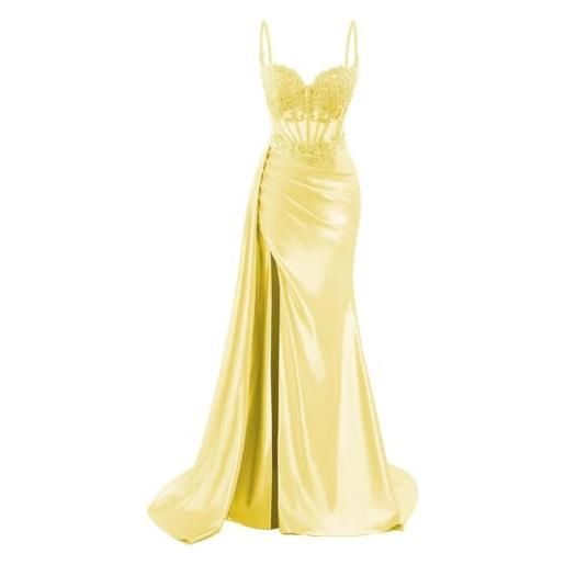 SAYNO abiti da damigella d'onore in raso per donna, per matrimonio, con spacco, a sirena, abiti da sera, da cocktail, taglie forti, giallo, 42