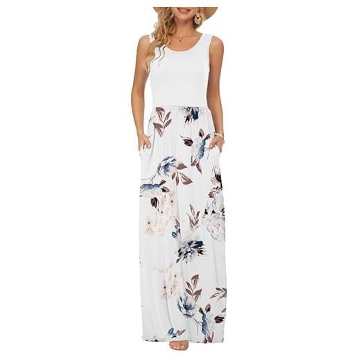 AUSELILY abito lungo senza maniche allentato senza maniche estivo tinta unita da donna abito lungo casual con tasche fiori bianchi bianco s