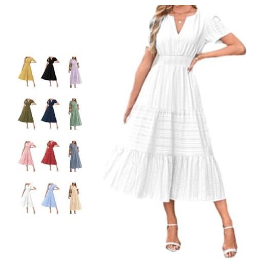 Generic abiti da donna, estivi, stile casual, con scollo a v, in cotone, midi, con tasche, a maniche corte, elastico in vita, svolazzanti, stile bohémien, da spiaggia, con volant, a linea a, ampia, prendisole