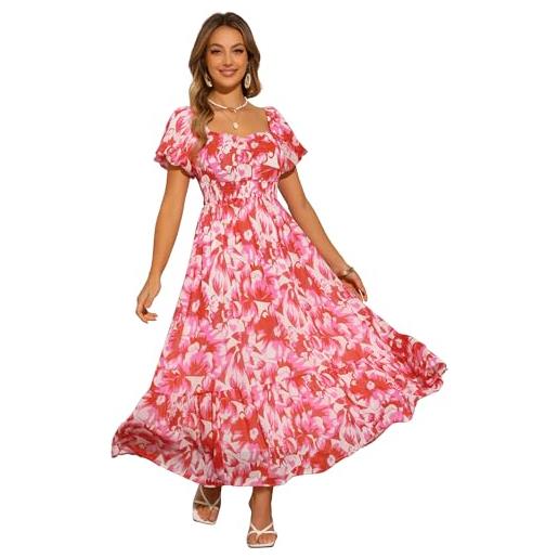 Allegra K donna abito floreale scollo quadrato schiena arricciata maxi | corpo foderato maniche a palloncino orlo a strati schiena arricciata ideale per estate al mare tessuto chiffon