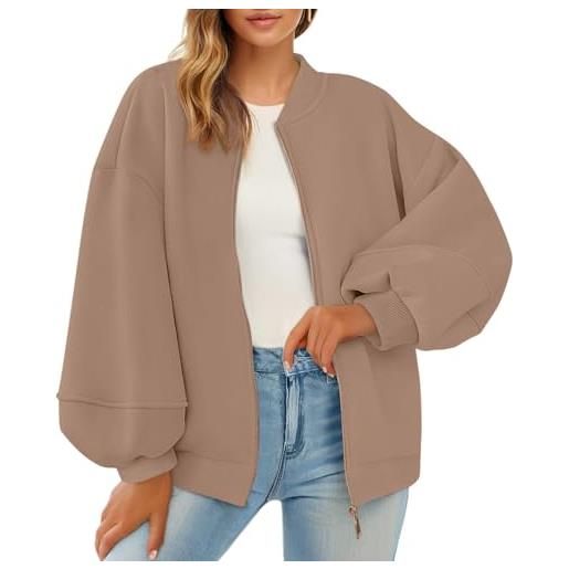 Onsoyours felpa donna con zip giacca sportiva manica lunga autunno invernali casual sweatshirt con tasche a cachi xxl
