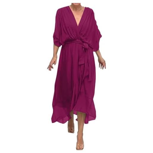 Generic vestiti estivi da donna leggeri e ariosi, abito da spiaggia elegante, taglie grandi, abito estivo in chiffon, scollo a v, maniche a pipistrello, abito maxi con cintura, abiti swing irregolari, vino, l