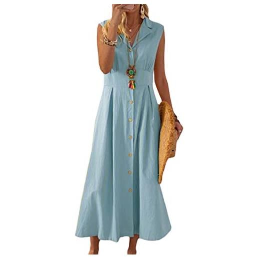 ORANDESIGNE vestiti in lino donna casual colore solido tunica bottone tinta unita eleganti scollo a v manica corta midi abito boho vestito lungo da spiaggia estivi