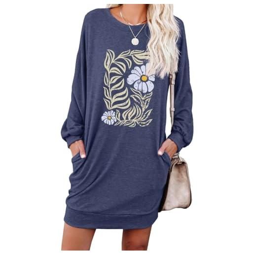 PrinStory - abito da donna in pullover, abito casual con scollo rotondo, in felpa con tasche, xxl