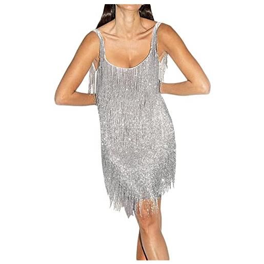 Qianderer mini abito da donna con paillettes glitterate, frange a strati, profondo scollo a v, schiena scoperta, senza maniche, con nappa, abito da discoteca, feste, ballo studentesco, scintillante