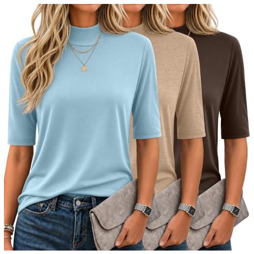 Ficerd - confezione da 3 magliette casual estive basiche da donna con collo alto a maniche lunghe e mezza manica(s, blu ghiaccio, albicocca misto, caffè scuro)