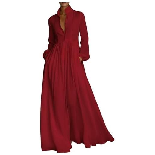 Generic maxi abito da donna elegante cotone lino patchwork camicia abiti monopetto collo alto manica lunga prendisole tinta unita abiti lunghi con tasche elegante estate spiaggia formale abito da ballo