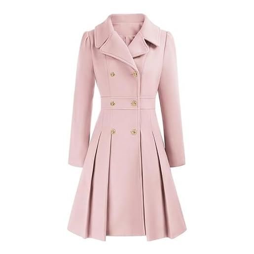 LIUYUYOUGO cappotto lana donna trench doppiopetto invernale da donna elegante con vita a trapezio plissettato lungo aderente con revers cappotto alla francese di media lunghezza in lana