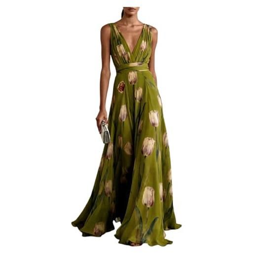 Onsoyours donna abito da sera casual elegante senza maniche scollo a v lunghi vestito stampa a-linea cocktail vestiti vita alta maxi abiti cerimonia a verde l