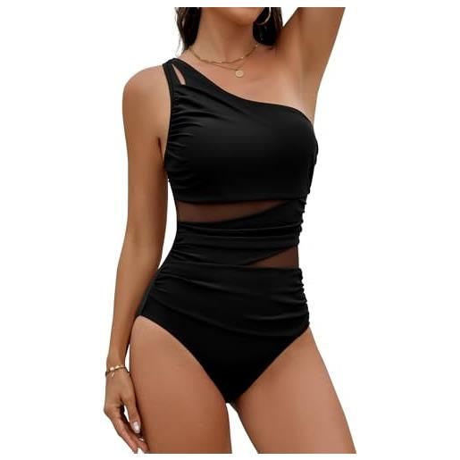 FemiChic costume intero donna contenitivo pancia piatta costumi da bagno interi in rete monospalla swimsuit sexy spiaggia beachwear(nero, xl)