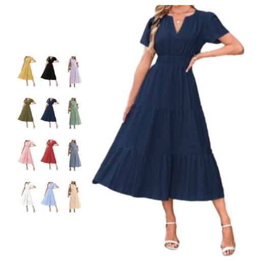 Generic abito estivo casual con scollo a v, abito midi in cotone con tasche, a maniche corte, elastico in vita, abiti da spiaggia in stile boho, con volant, linea ad a, prendisole ampio, blu scuro, s
