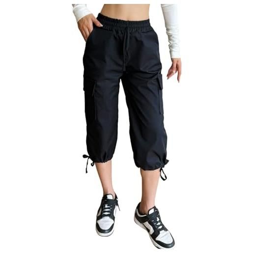 Nuofengkudu estivi pantaloni capri donna cargo 6 tasche elasticizzati vita coulisse pull on sportiva cropped 3/4 pantalone bermuda pantaloncini tinta unita leggeri larghi comodi joggers nero s