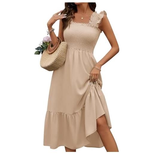 Fashora vestito estivi lungo donna vestiti smanicata scollo quadrato con manica a volant vestiti cintura elastica abito vita alta linea a elegante spiaggia (albicocca, s)