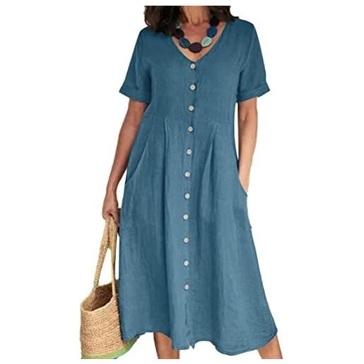 ORANDESIGNE vestiti in lino donna casual colore solido tunica bottone tinta unita eleganti scollo a v manica corta midi abito boho vestito lungo da spiaggia estivi d blu l