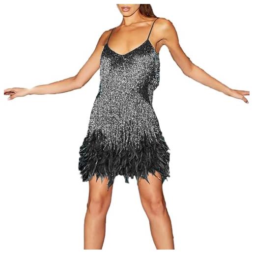 Generic abito con paillettes da donna con piume, elegante, da cocktail, senza maniche, con frange, con nappa, sexy, con scollo a v, corto, mini abito da ballo, per matrimonio, damigella d'onore