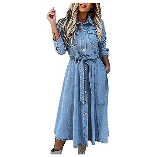 Generic abito da donna in denim a maniche lunghe, casual, slim fit, con bottoni, scollo a v, abito midi con colletto e tasche, abito estivo blu jeans da donna uk