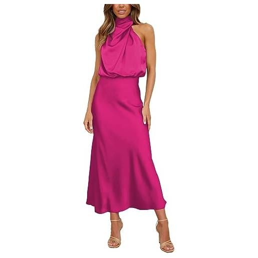 BDSCZW abito da donna elegante in raso senza maniche a vita alta matrimonio formale ospite matrimonio abito da cocktail abiti da ballo abito da festa abiti midi, rosso rose, m