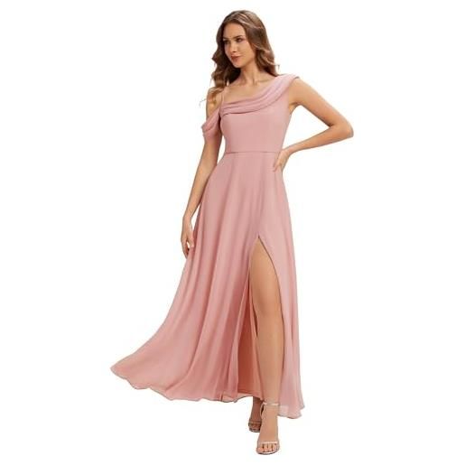 Ever-Pretty abiti da damigella collo asimmetrico maniche corte chiffon maxi gonna svasata dusty rose 44