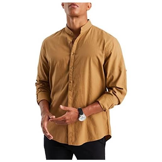 Leif Nelson ln3860 - camicia da uomo in lino e cotone, a maniche lunghe, estiva, con colletto alla coreana, per il tempo libero, vestibilità slim fit, marrone chiaro, m