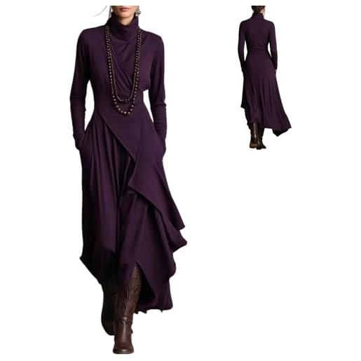 GENERIC abito aderente da donna, in cotone bohémien, a collo alto, asimmetrico, drappeggiato, maxi abito invernale a maniche lunghe, abito da cocktail